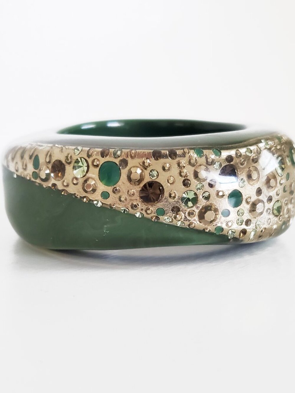 Luc Kieffer Resin Green Multi Swarovski Crystal Gold Filigree Bangle NEW